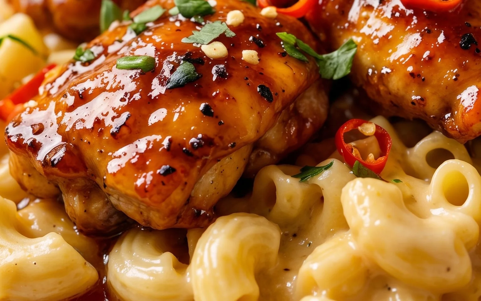 Sweet and Spicy Honey Pepper Chicken with Creamy Macaroni Cheese